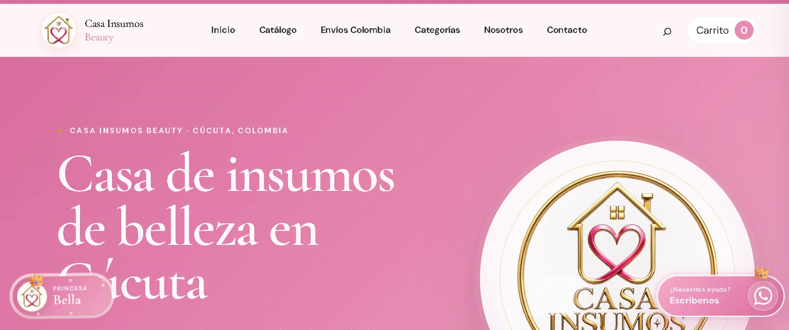 Captura aportada de la página de Casa Insumos Beauty con su identidad rosa y el emblema de la marca
